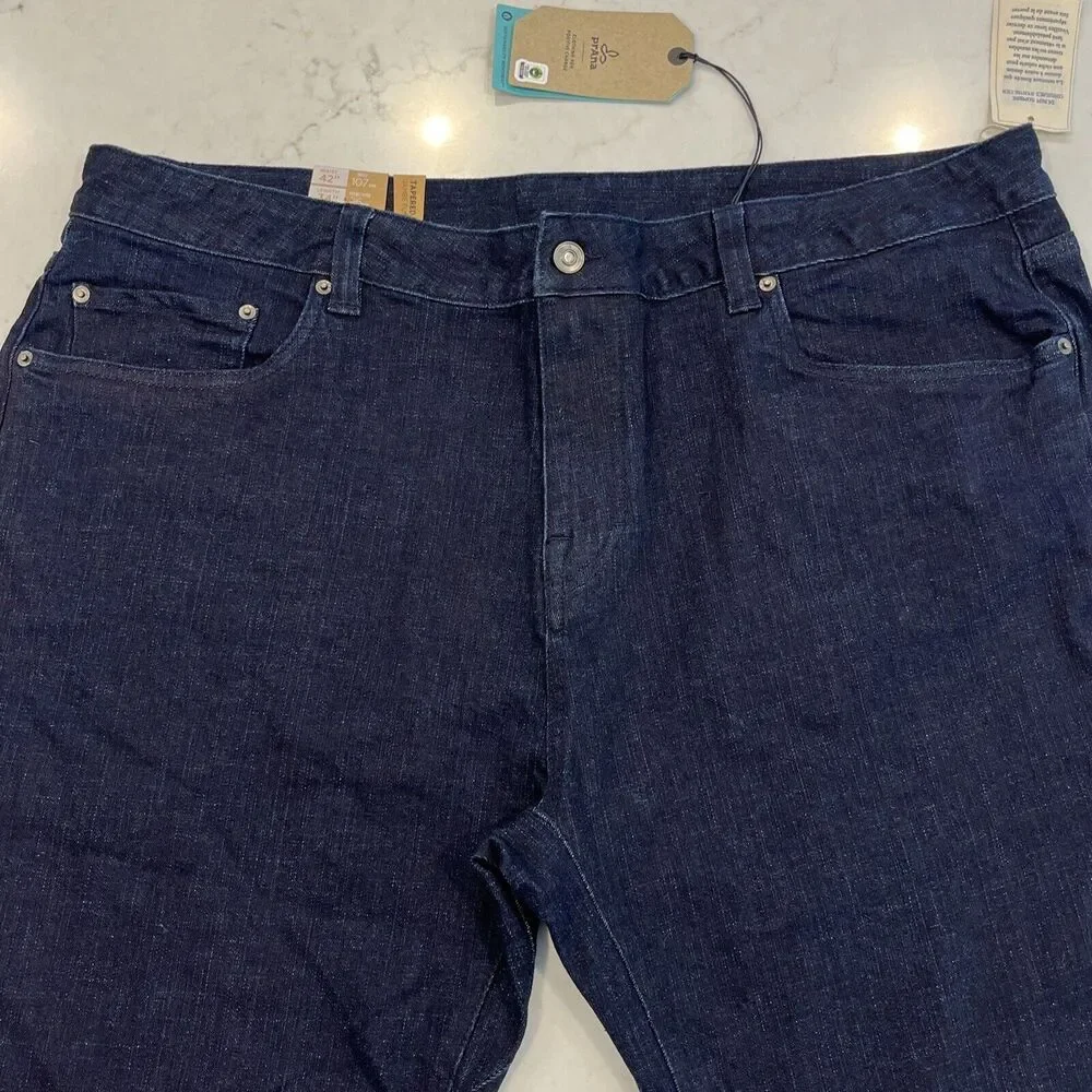 Prana Hillgard NEW Jeans Mens 42x34 Blue Dark Rinse Tapered Leg Slim Fit Organic